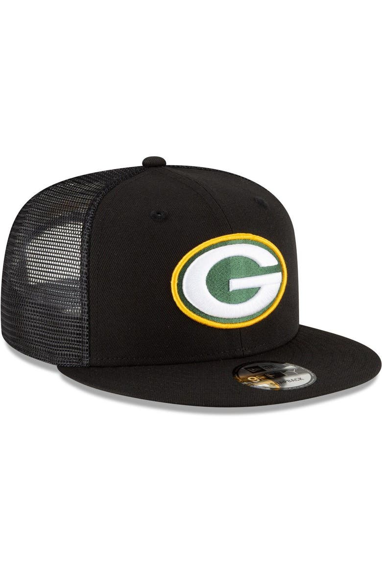 Men's New Era Black Green Bay Packers Shade Trucker 9FIFTY Snapback Hat, Alternate, color, BLACK