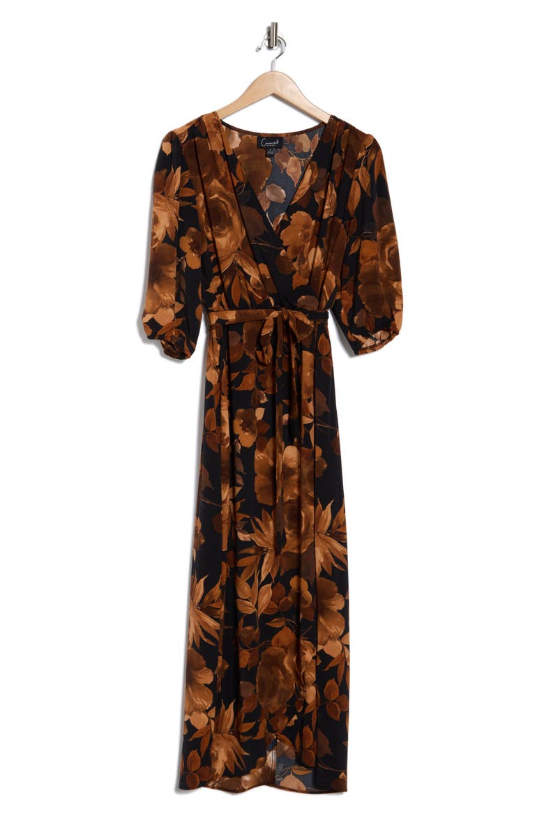 Floral Puff Sleeve Faux Wrap Maxi Dress, Alternate, color, SPICE