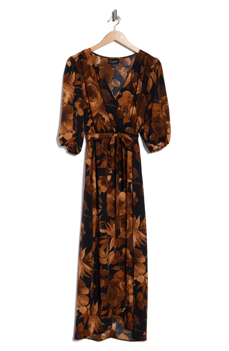 Connected Apparel Floral Puff Sleeve Faux Wrap Maxi Dress, Alternate, color, Spice