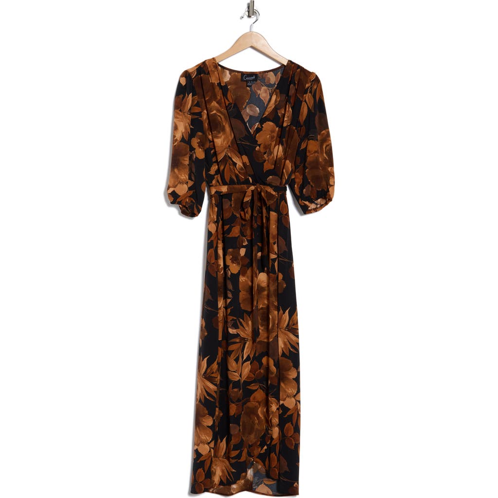 Connected Apparel Floral Puff Sleeve Faux Wrap Maxi Dress In Brown