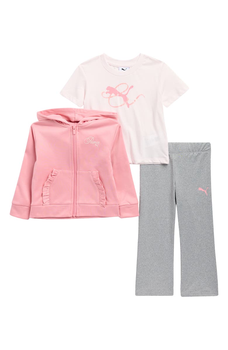 PUMA Kids' T-Shirt, Zip Hoodie & Pants Set, Main, color, Pink/ Green