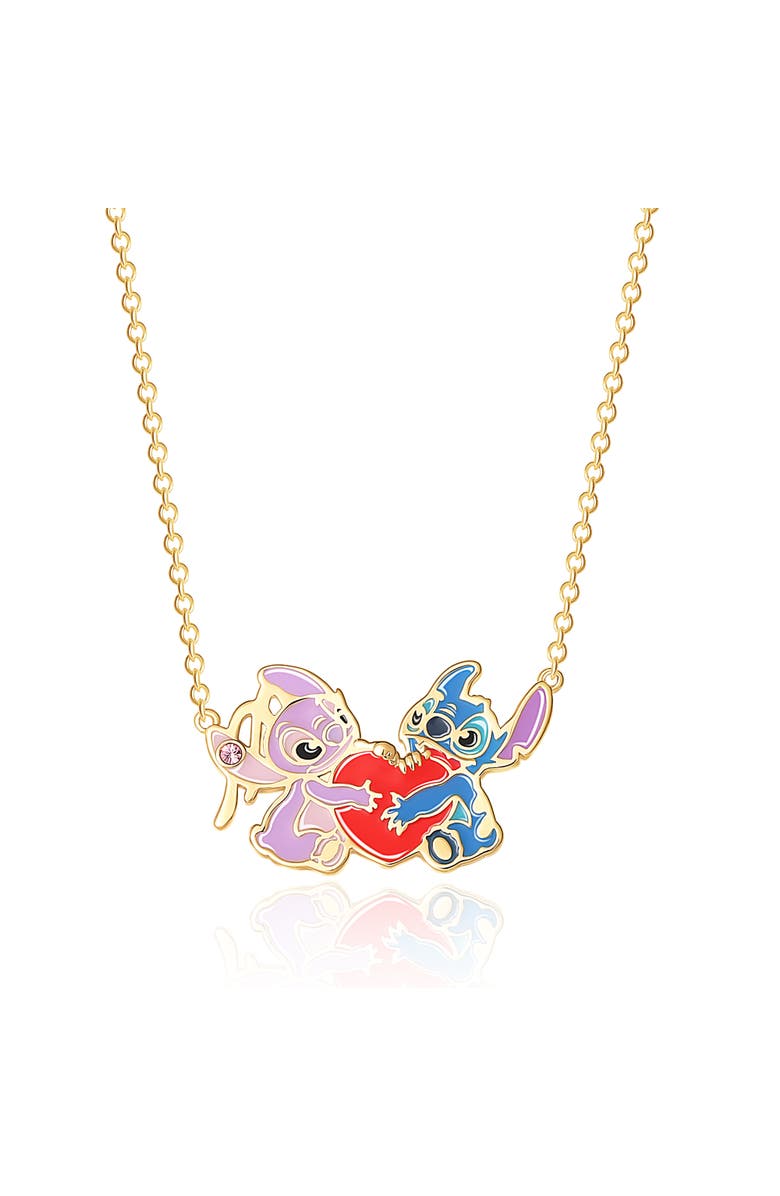 Disney Yellow Gold Plated Stitch and Angel Enamel Heart Necklace, Main, color, Yellow Gold