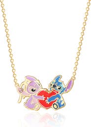Disney Yellow Gold Plated Stitch and Angel Enamel Heart Necklace