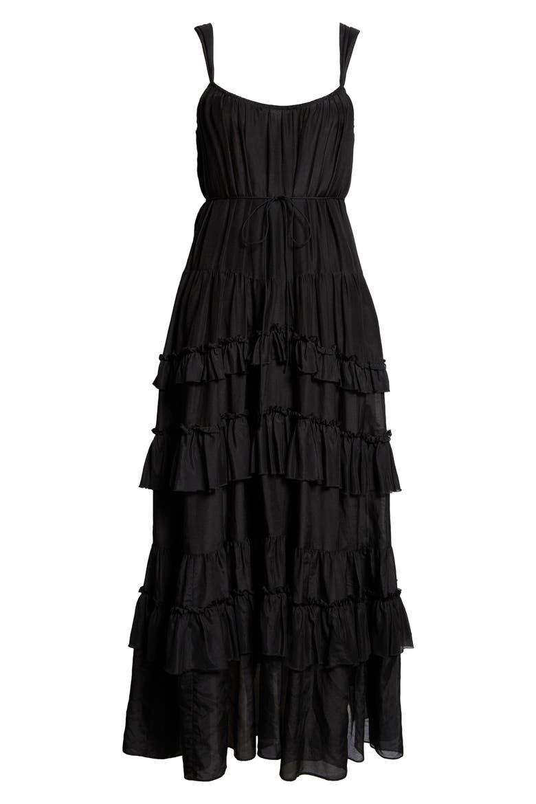 Kandra Ruffle Tiered Cotton & Silk Blend Dress, Alternate, color, BLACK