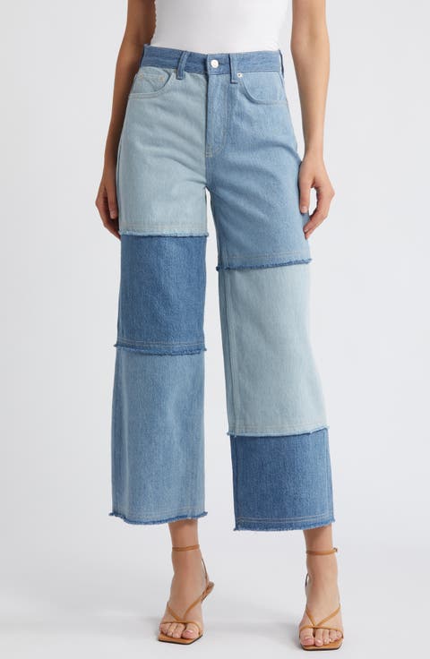 Getty Patchwork High Waist Ankle Wide Leg Jeans (Light Indigo Patchwork)