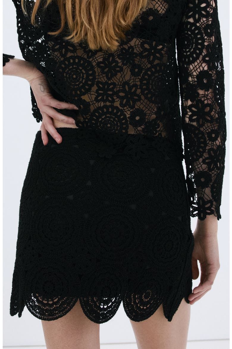 Cotton Blend Crochet Miniskirt, Alternate, color, BLACK