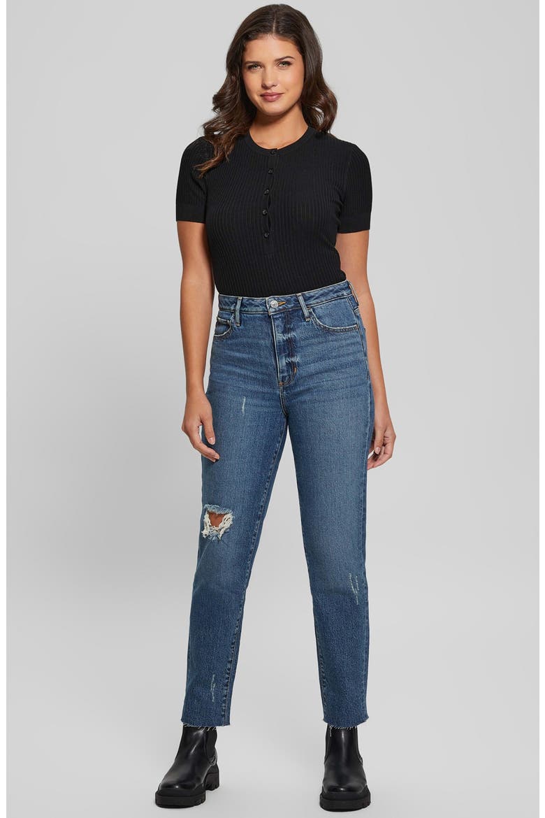 High Waist Distressed Raw Hem Ankle Mom Jeans, Alternate, color, WINX