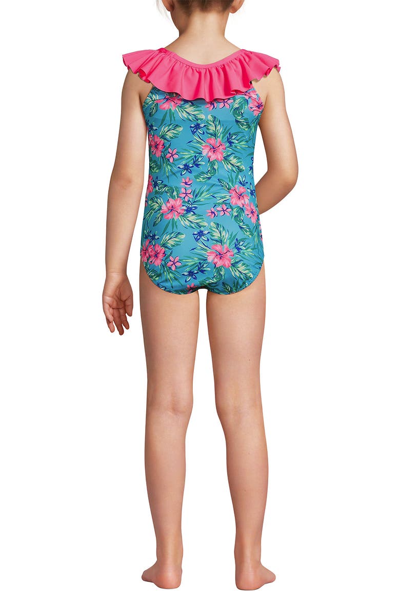 Girls Plus Size Ruffle One Piece Swimsuit, Alternate, color, Turquoise Rosella Floral