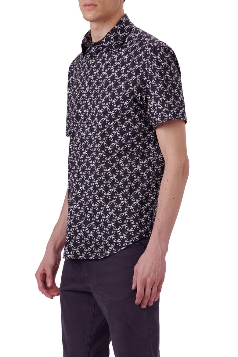 OoohCotton® Miles Leaf Print Short Sleeve Button-Up Shirt, Alternate, color, BLACK