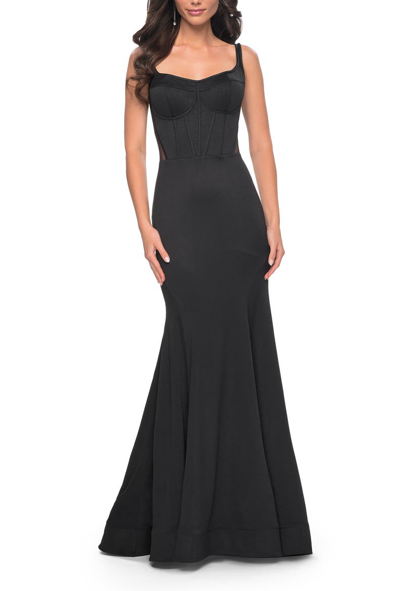 Mermaid Jersey Gown with Bustier Top and Lace Up Back, Alternate, color, Black