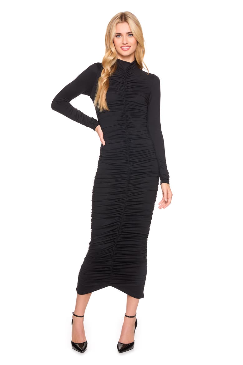 Ruched Long Sleeve Mock Neck Midi Dress, Alternate, color, BLACK