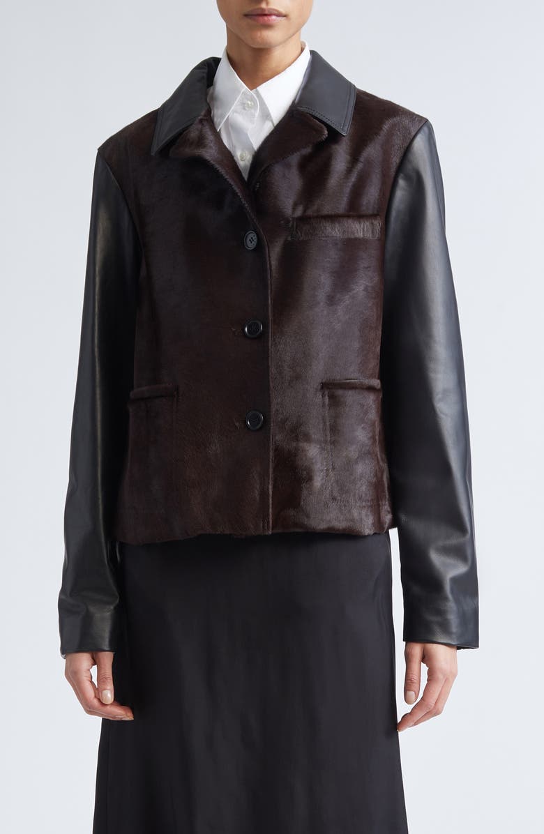 Marni Genuine Calf Hair & Leather Jacket, Main, color, Dark Wood