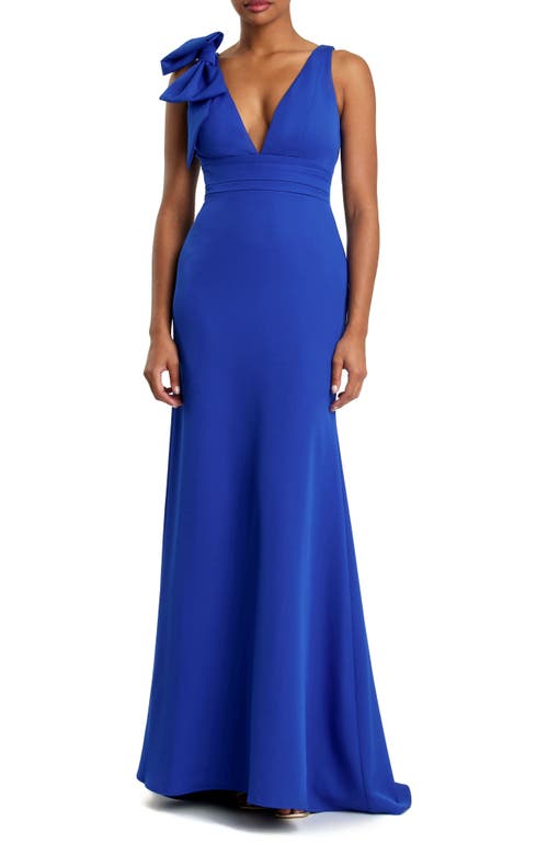 Mac Duggal Bow Shoulder V-neck Gown In Royal Blue