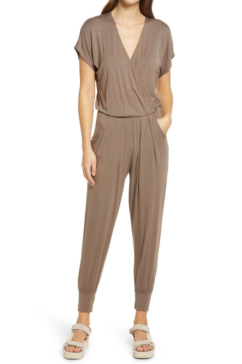 Short Sleeve Wrap Top Jumpsuit, Main, color, DARK KHAKI