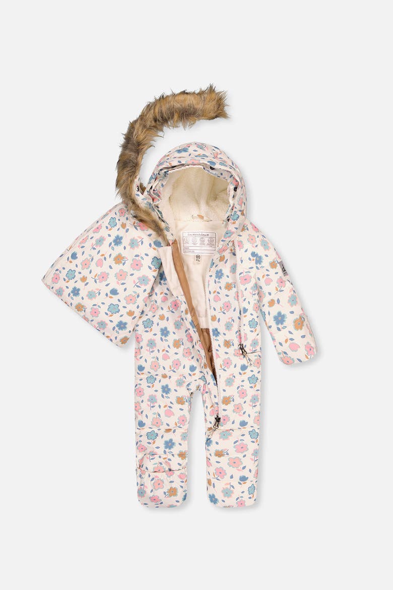 Floral Snug Car Seat Fleece Neckwarmer One Piece Snowsuit, Alternate, color, White with Floral Print