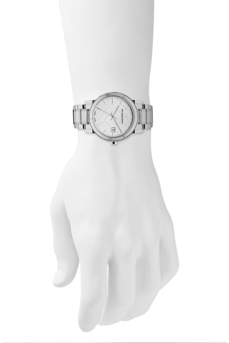 Large Check Stamped Bracelet Watch, 38mm, Alternate, color, SILVER