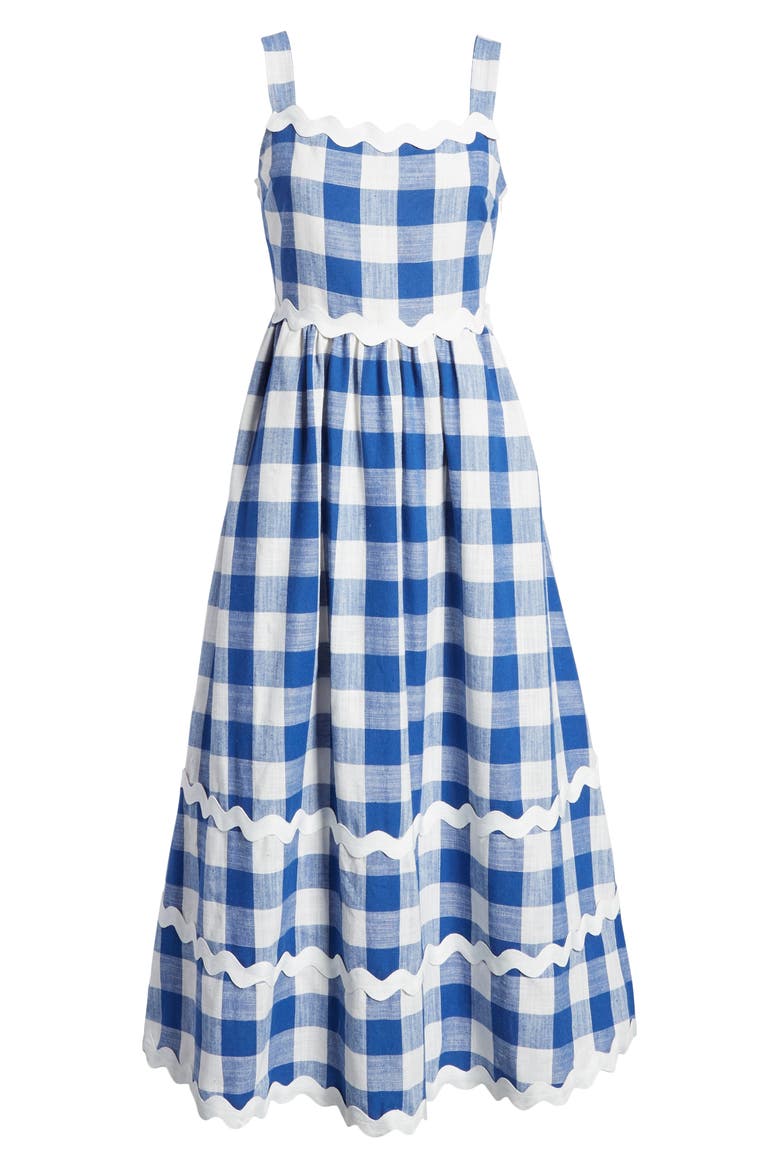 Rickrack Trim Gingham Midi Dress, Alternate, color, BLUE
