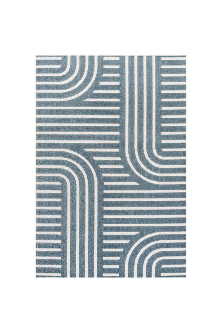 Anders High-Low MidCentury Modern Arch Stripe Two-Tone Indoor/Outdoor Area Rug, Main, color, Navy/Cream