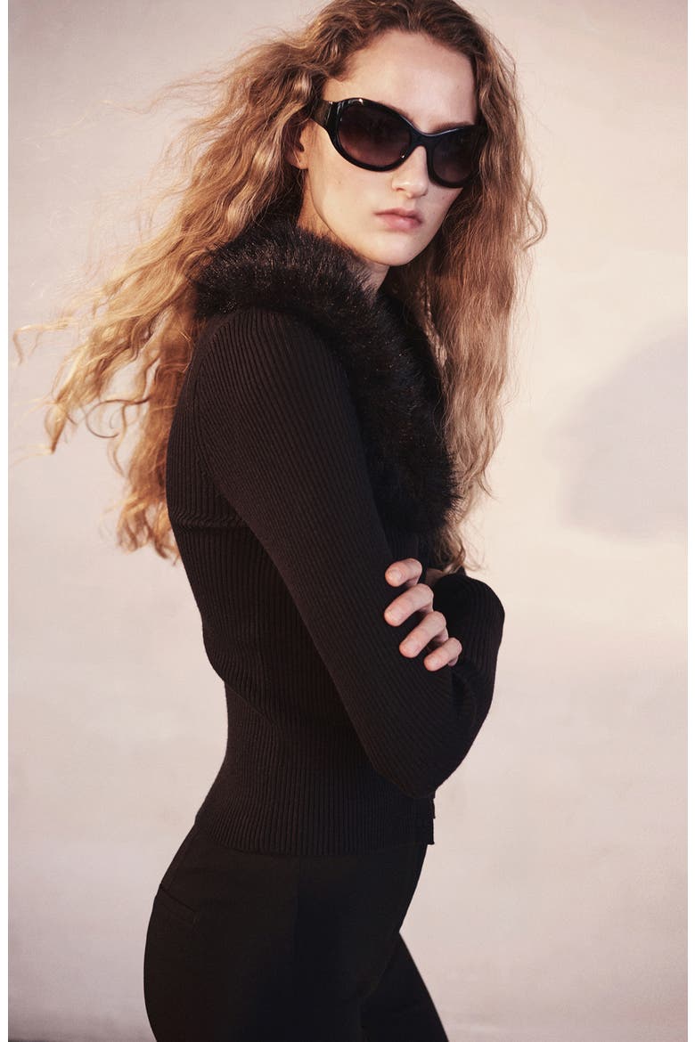 Nanny Faux Fur Collar Cardigan, Alternate, color, BLACK