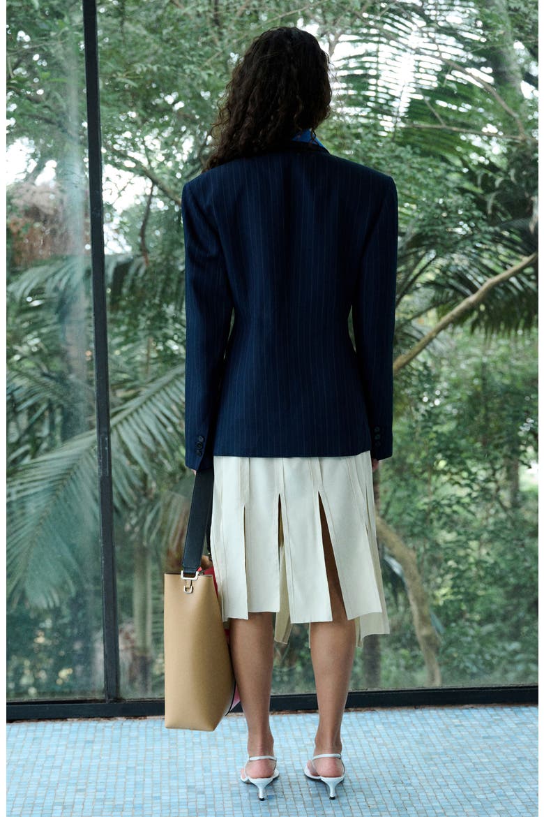 Belted Pinstripe Jacket, Alternate, color, NAVY
