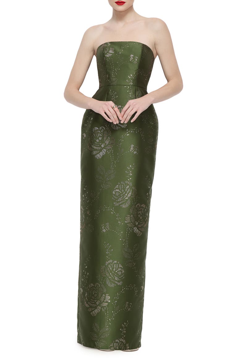 Jacqueline Gilt Floral Strapless Satin Twill Column Gown, Main, color, OLIVE/ GOLD