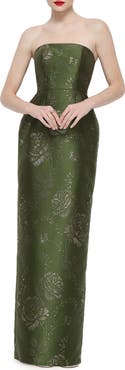 Alfred Sung Jacqueline Gilt Floral Strapless Satin Twill Column Gown