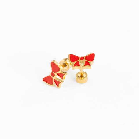 Red Enamel Bow Stud Earrings