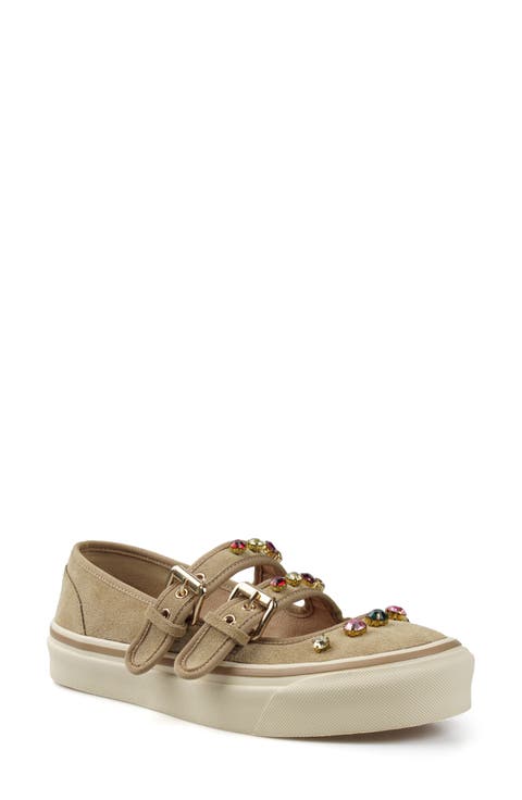 Buckle Crystal Embellished Leather Mary Jane Sneaker