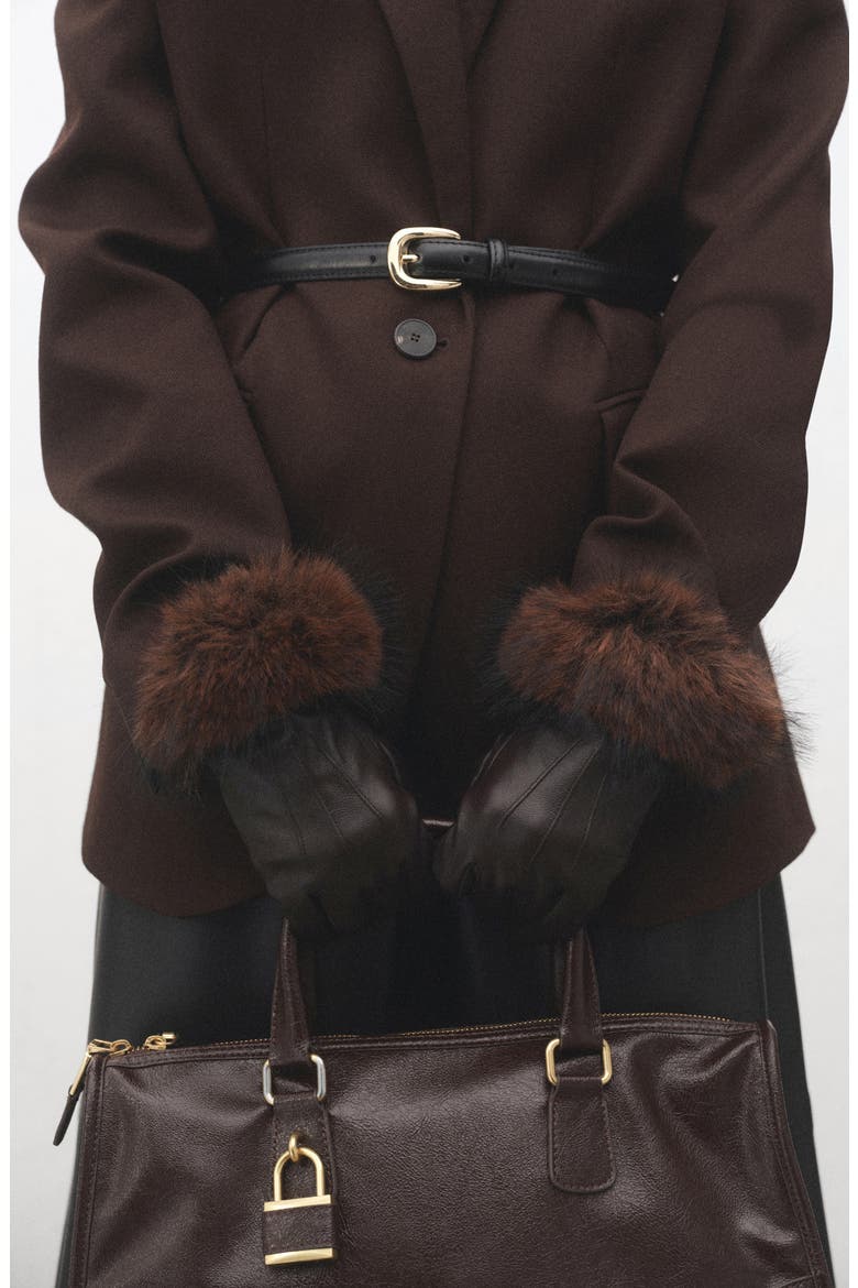 Faux Fur Trim Leather Gloves, Alternate, color, CHOCOLATE