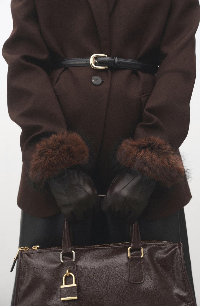 MANGO Faux Fur Trim Leather Gloves, Alternate, color, Chocolate