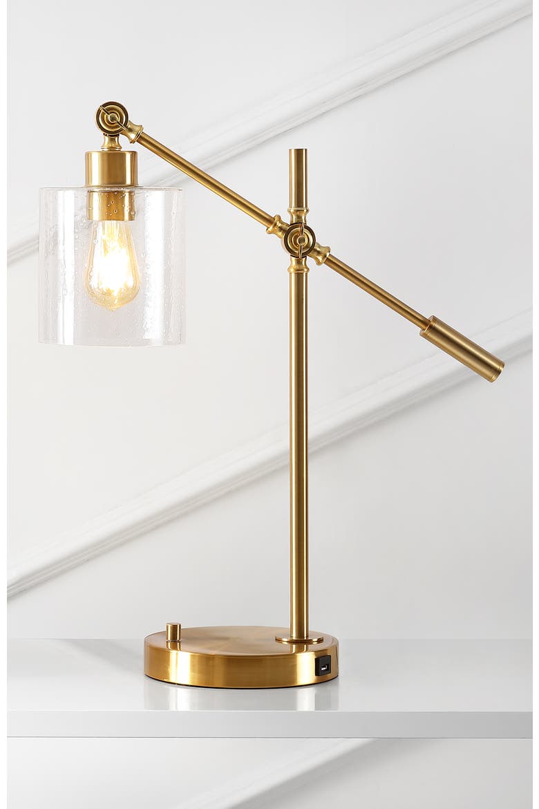 Kathryn Classic 23" Iron/Seeded Glass Adjustable Head Modern USB Charging LED Task Lamp, Brass Gold, Alternate, color, Brass Gold