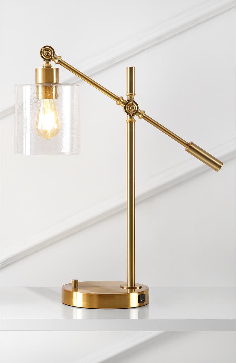 JONATHAN Y Kathryn Classic 23" Iron/Seeded Glass Adjustable Head Modern USB Charging LED Task Lamp, Brass Gold, Alternate, color, Brass Gold