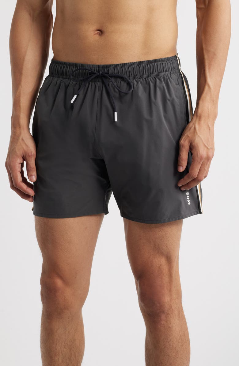BOSS Iconic Side Stripe Swim Trunks, Main, color, Charcoal