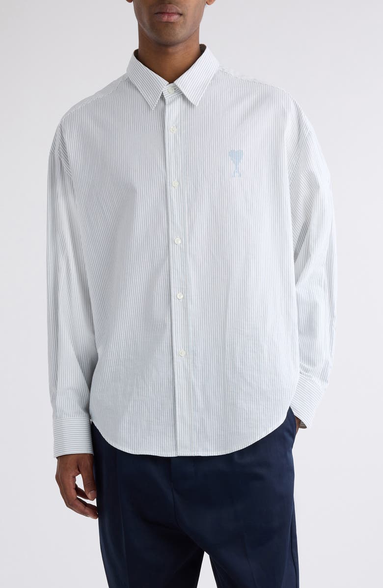 AMI PARIS Boxy Fit Ami de Coeur Stripe Cotton Poplin Button-Up Shirt, Main, color, 1041 White/Blue Note