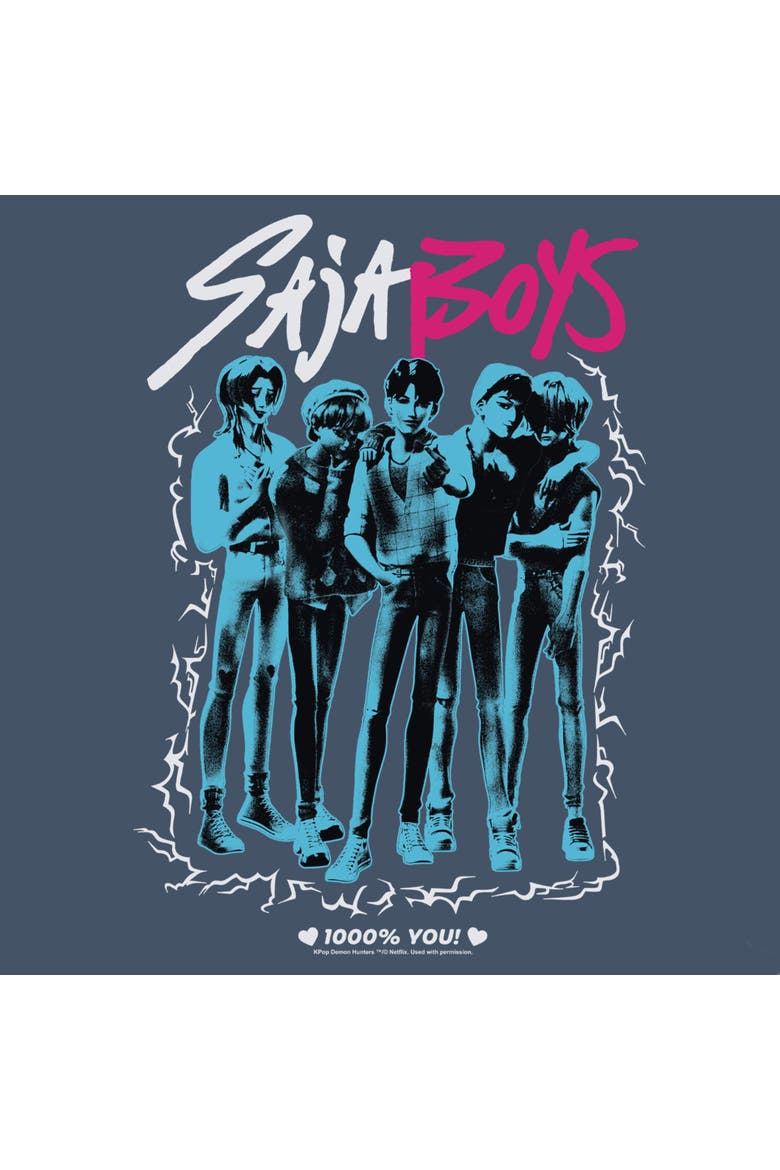 Junior's KPop Demon Hunters Saja Boys Band Portrait  Sweatshirt, Alternate, color, Blue Heather