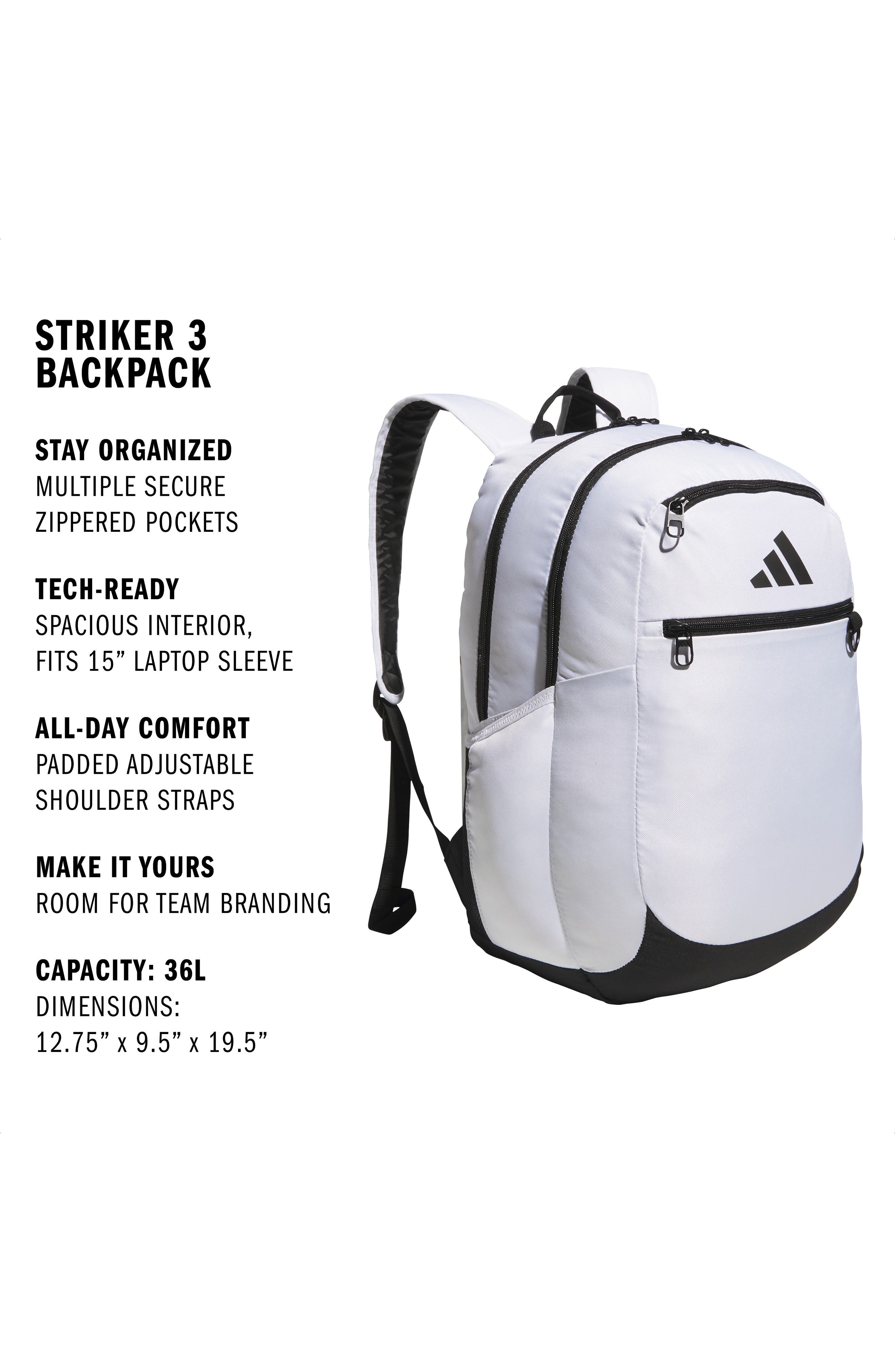 adidas Kids' Striker 3 Backpack, Alternate, color, White / Black