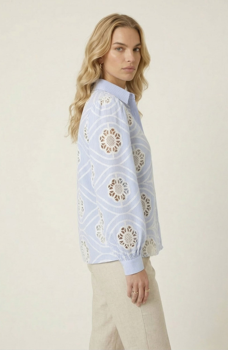 Modenaire Striped Eyelet Button Down Shirt, Alternate, color, Light Blue / White