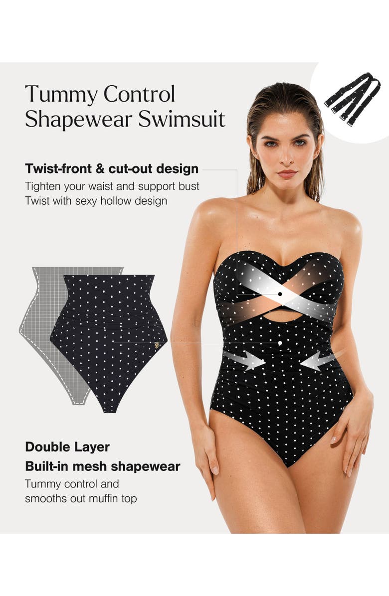 Popilush Front Twist Cutout Shaping All-in-One Shapewear Swimsuit, Alternate, color, Black/White Dot