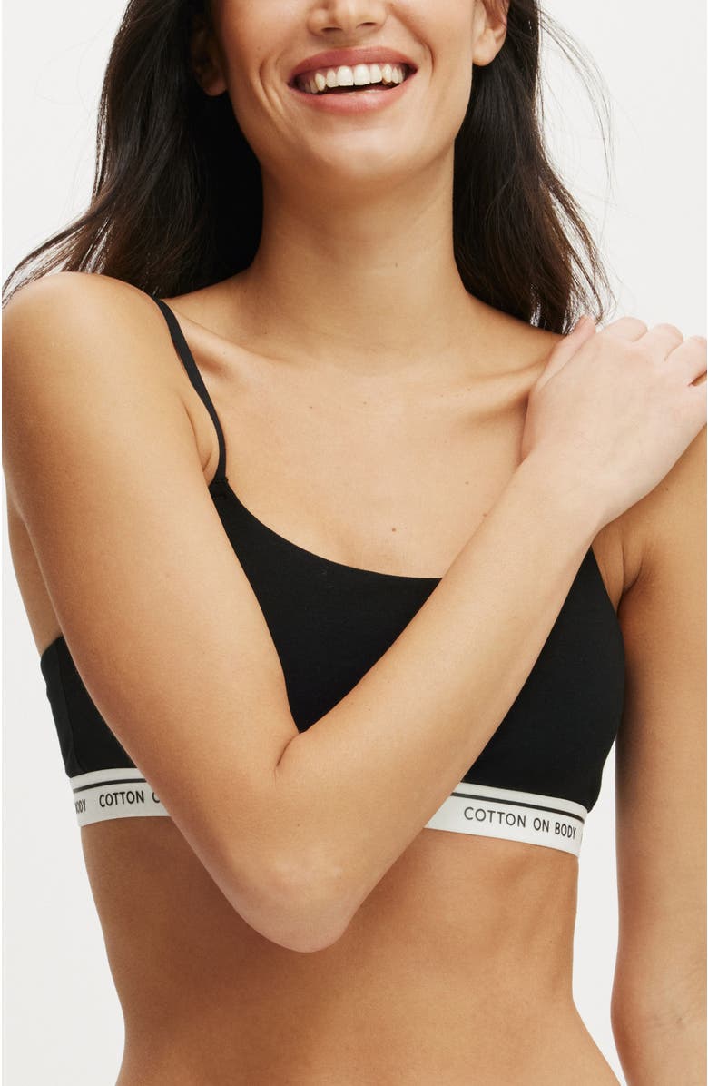 COTTON ON BODY Women's Branded Cotton Scoop Bralette, Main, color, Black