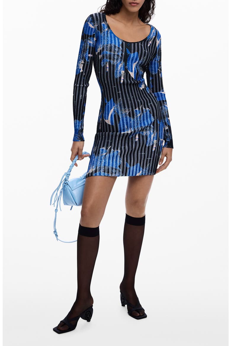 Rib Long Sleeve Minidress, Main, color, BLACK/ BLUE