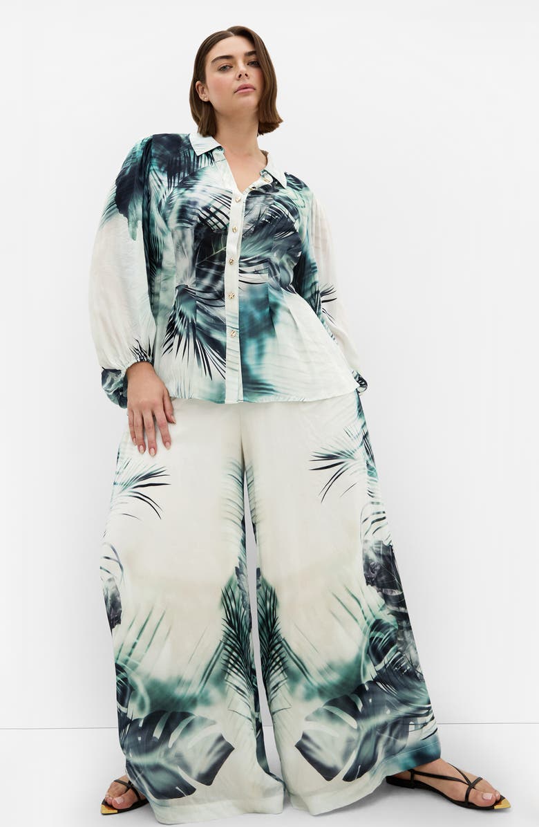 City Chic Piper Palm Print Button-Up Shirt, Alternate, color, Shadow Palm
