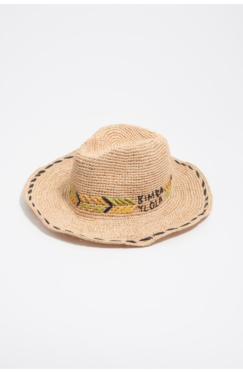 Bimba y Lola Embroidered Raffia Hat, Main, color, Green