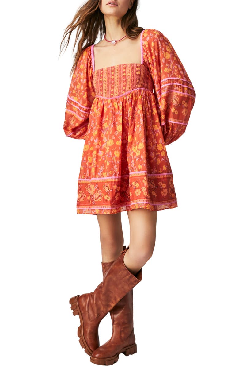 Free People Endless Afternoon Print Long Sleeve Minidress, Main, color, Chili Combo