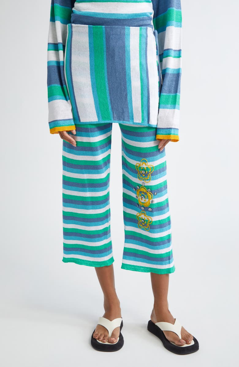 YanYan Embroidered Stripe Crop Linen Pants with Removable Wrap Panel, Main, color, Denim/ Peppermint/ White Multi