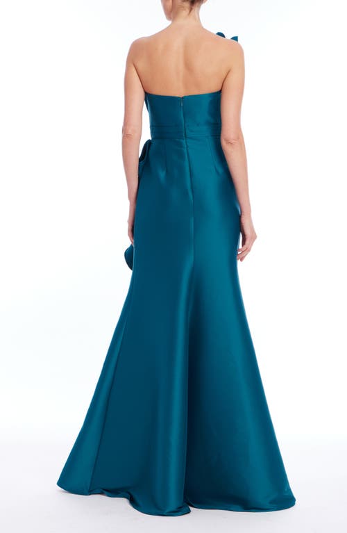 Badgley Mischka Collection Ruffle One-shoulder Mikado Mermaid Gown In Blue