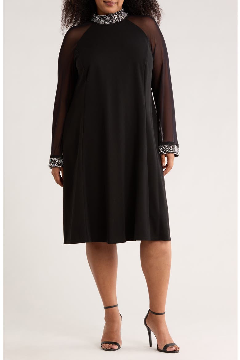 Rhinestone Embellished Long Sleeve Shift Dress, Main, color, BLACK