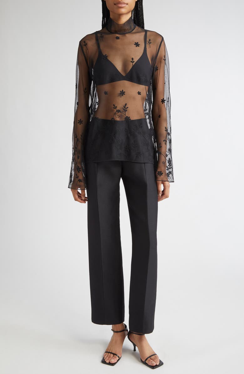 TOTEME Floral Embroidered Tulle Top, Alternate, color, Black/ Black
