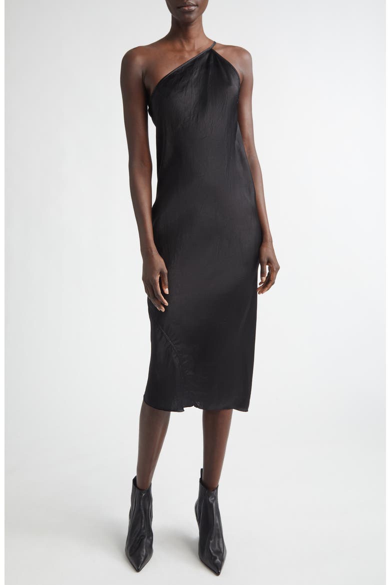 One-Shoulder Satin Midi Dress, Main, color, BLACK