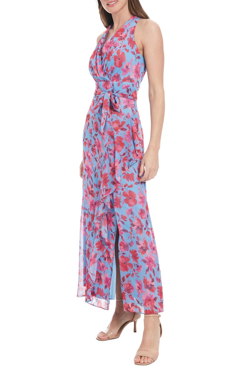 London Times Floral Sleeveless Tie Waist Maxi Dress, Alternate, color, Cornflower/ Bright Pink