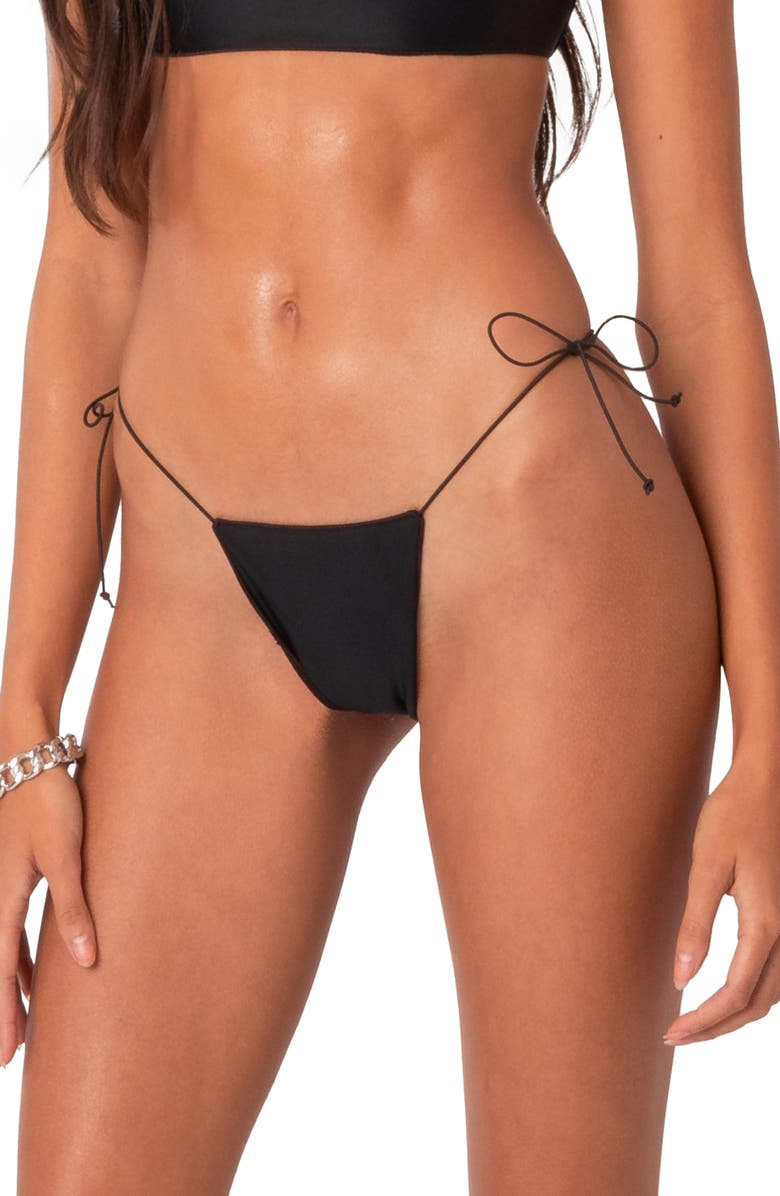 EDIKTED Angel Back Rhinstone Side Tie Bikini Bottoms, Alternate, color, Black